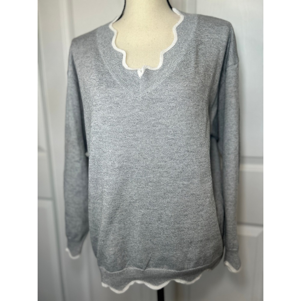 Misslook Gray Knitted Wool Sweater XL V‎ Neck Long Sleeve Scalloped Trim